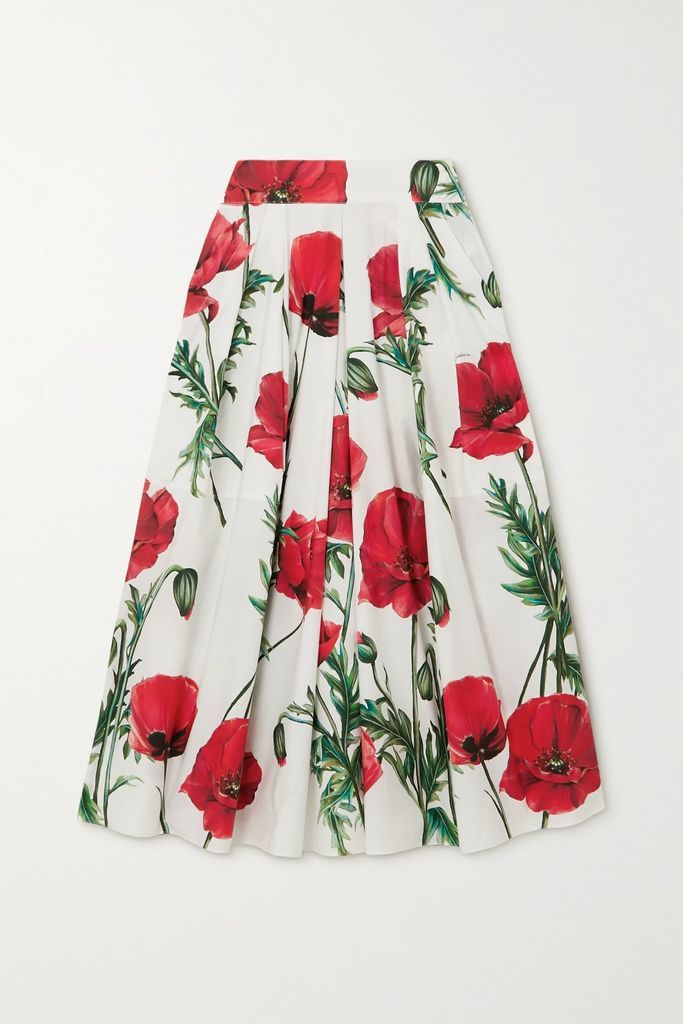 Pleated Floral-print Cotton-poplin Midi Skirt - Red