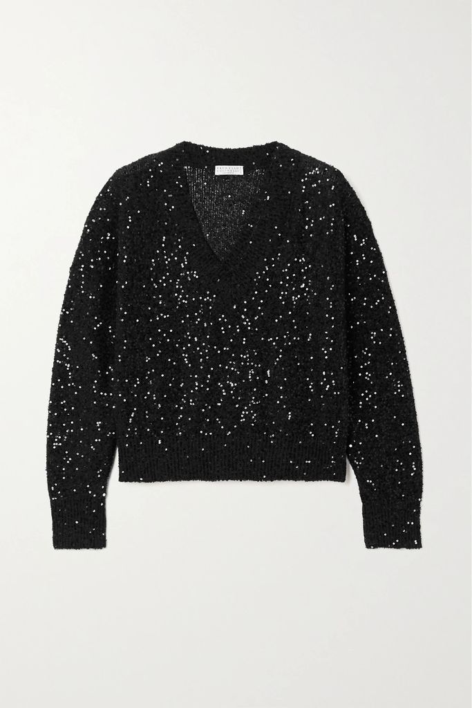 Sequin-embellished Linen, Cashmere And Silk-blend Sweater - Black