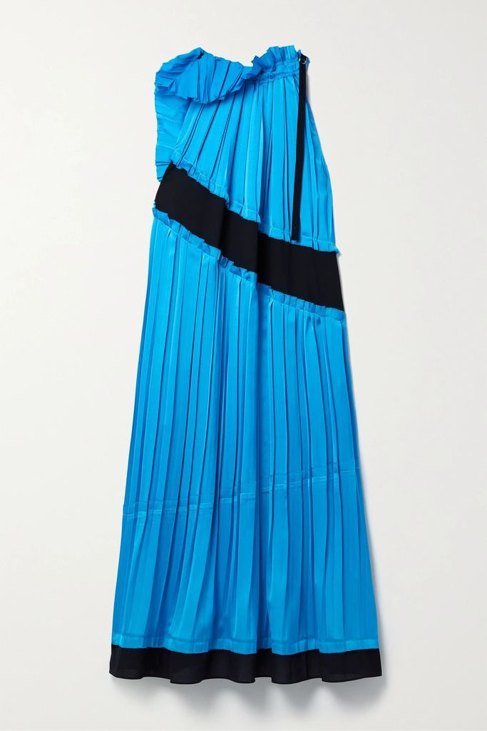Pleated Layered Ruffled Satin And Crepe De Chine Midi Dress - Light blue