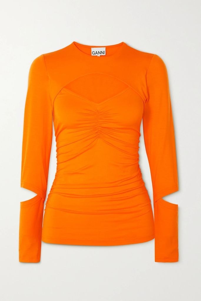 Cutout Gathered Stretch-tencel Lyocell Jersey Top - Orange