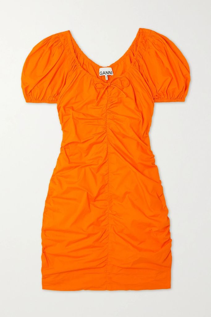 Bow-detailed Ruched Cotton-poplin Mini Dress - Orange