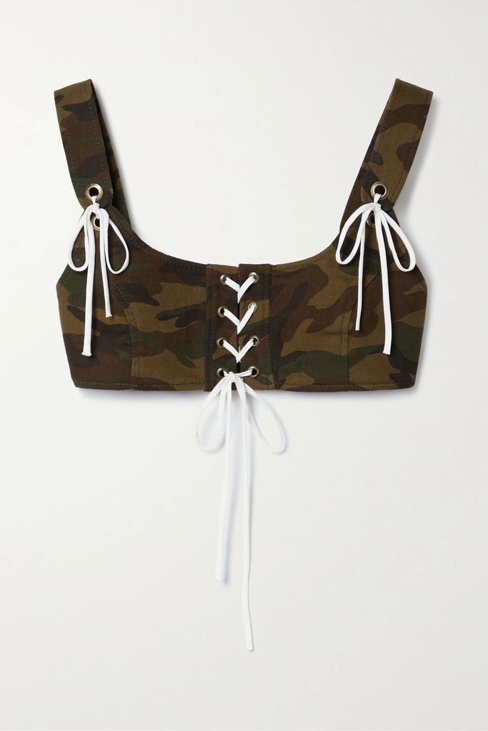 Lace-up Printed Camouflage-print Cotton-twill Bralette - Green