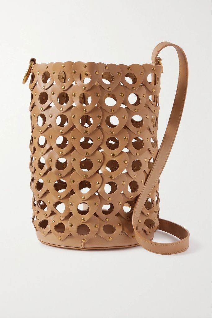 The Hearted Cutout Studded Leather Bucket Bag - Brown