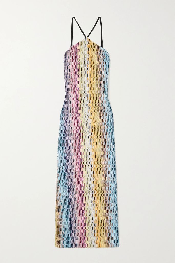 Open-back Metallic Crochet-knit Maxi Dress - Pink