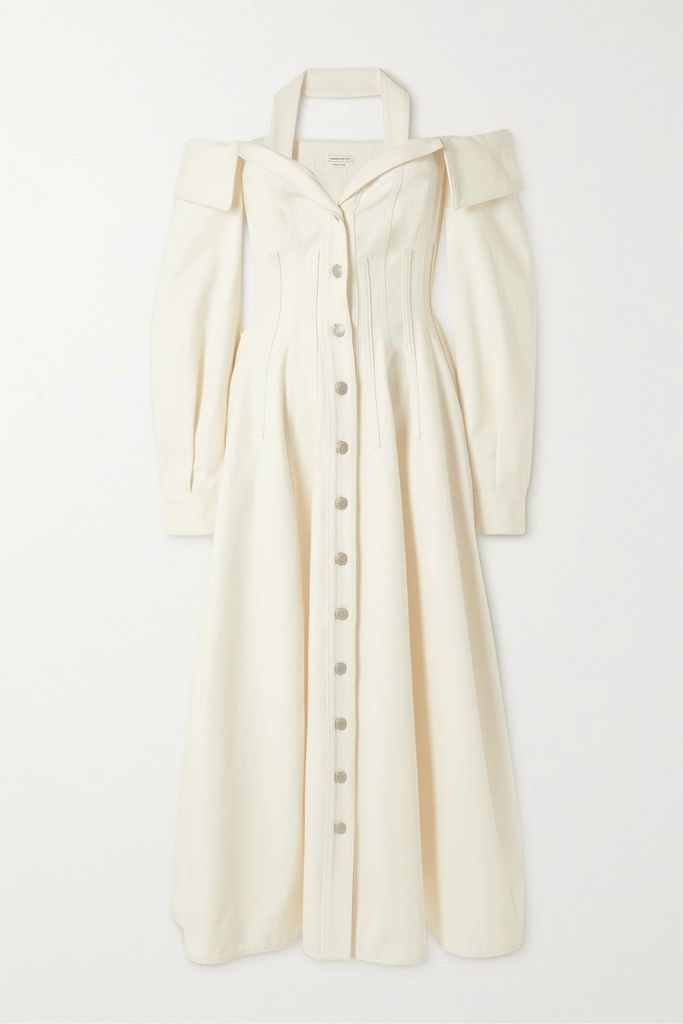 Cold-shoulder Denim Midi Dress - White