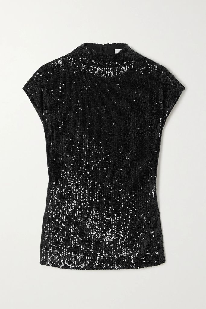 Cutout Sequined Stretch-crepe Top - Black