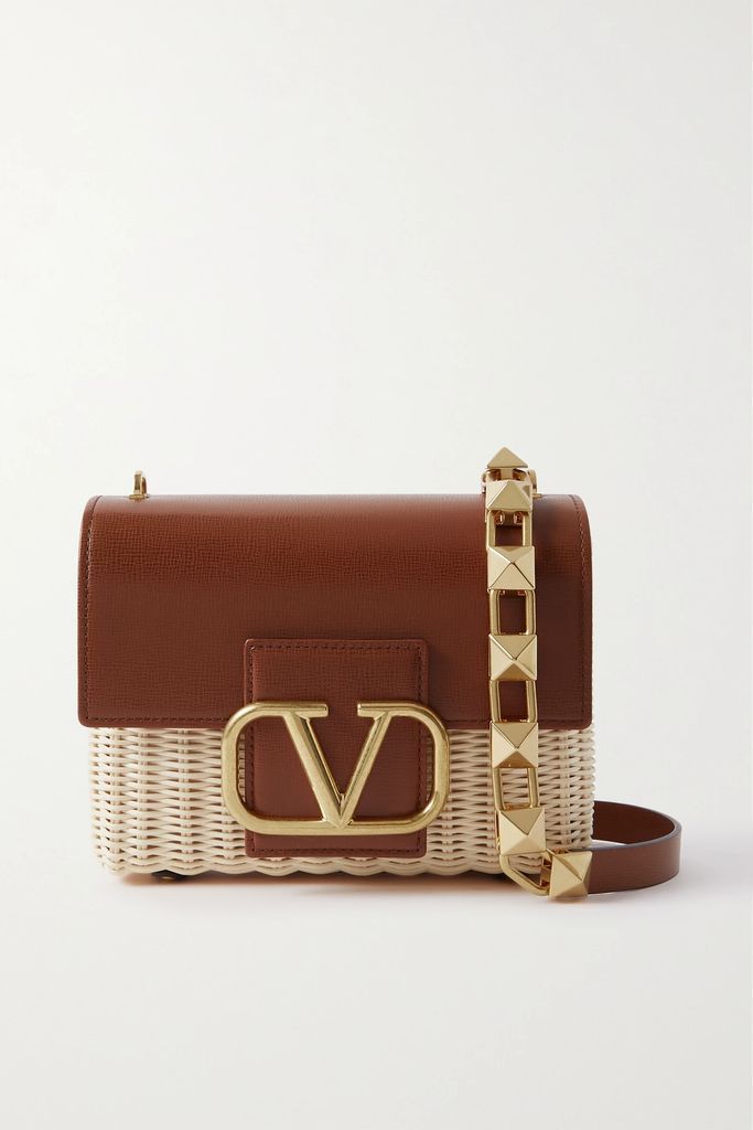 Valentino Garavani Embellished Leather And Raffia Shoulder Bag - Tan