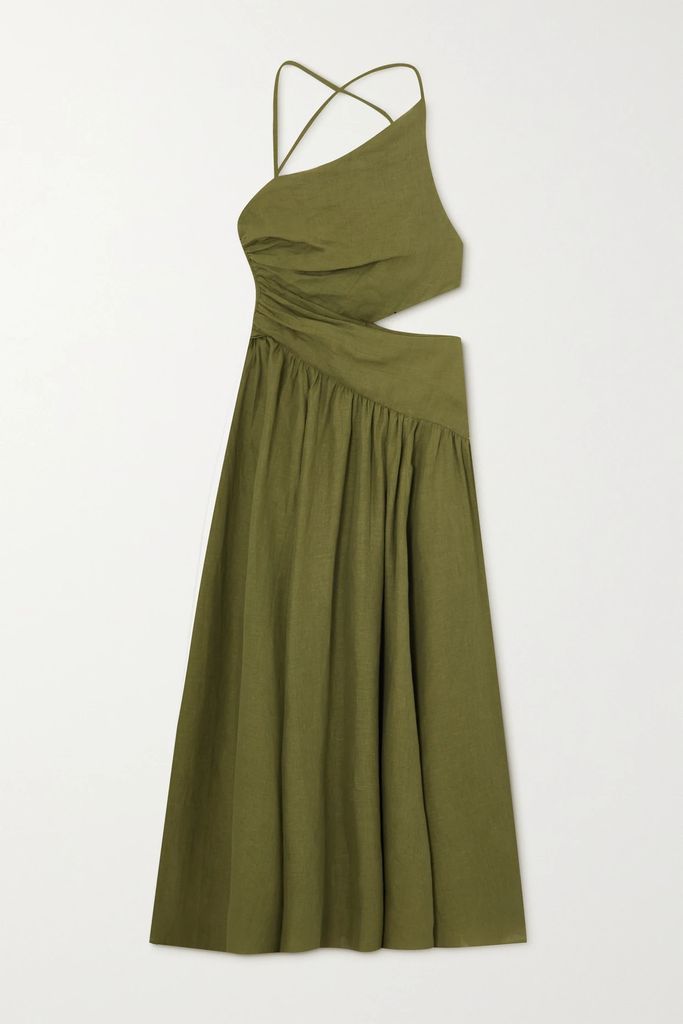 Laurel Shell-embellished Open-back Draped Linen Midi Dress - Green