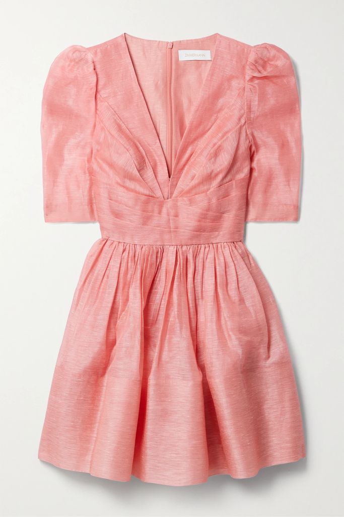 Wonderland Gathered Linen And Silk-blend Organza Mini Dress - Pink