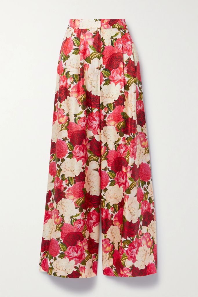 Wonderland Pleated Floral-print Silk-twill Wide-leg Pants - Pink