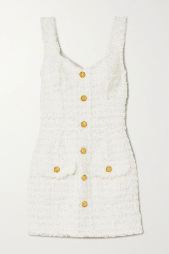 Button-embellished Metallic Cotton-blend Bouclé Mini Dress - White