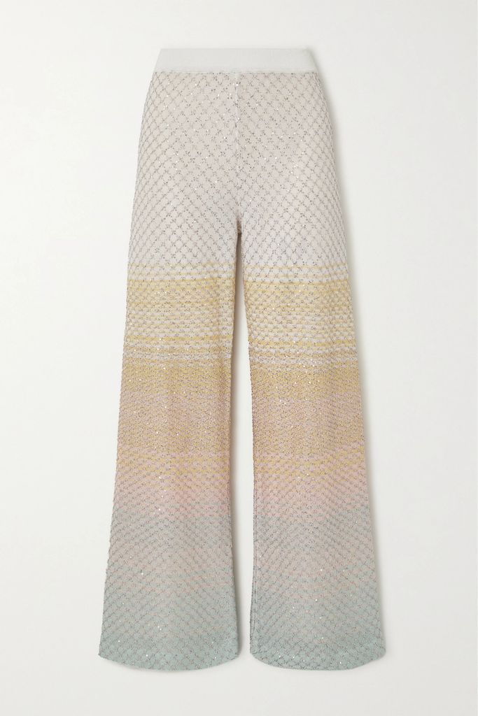 Striped Sequin-embellished Crochet-knit Wide-leg Pants - Blue