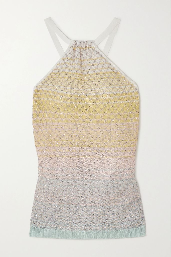 Striped Sequin-embellished Crochet-knit Top - Blue