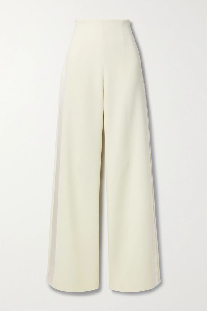 Silk Satin-trimmed Wool-blend Crepe Wide-leg Pants - White