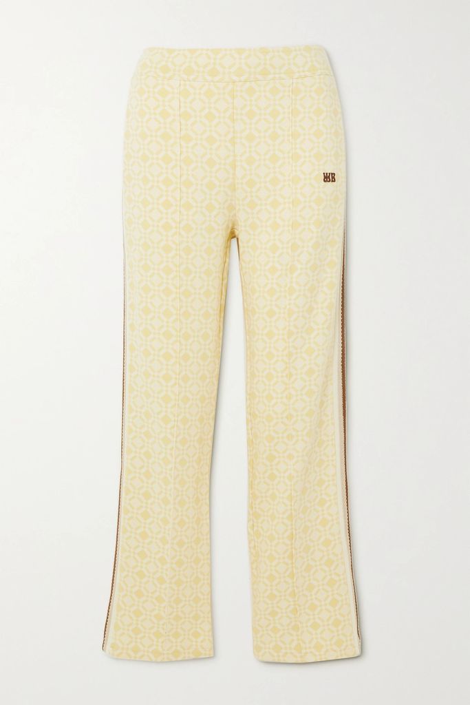 Shine Cropped Crochet-trimmed Organic Cotton-jacquard Straight-leg Pants - Yellow