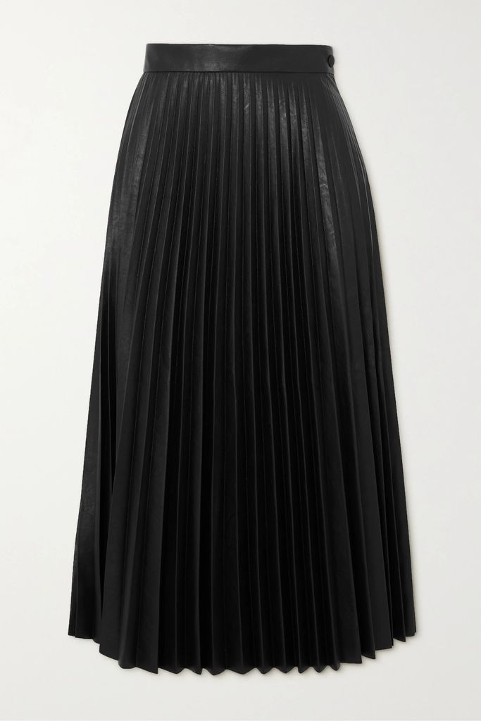 Pleated Textured Faux Leather Midi Skirt - Black