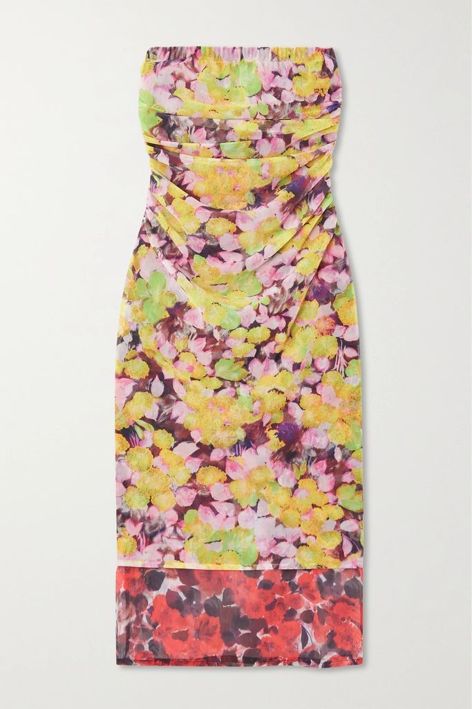 Strapless Gathered Floral-print Stretch-gauze Dress - Yellow