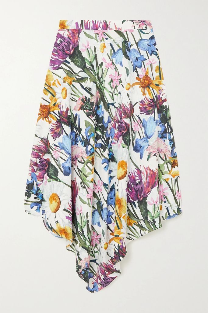 Asymmetric Floral-print Crepe De Chine Midi Skirt - White