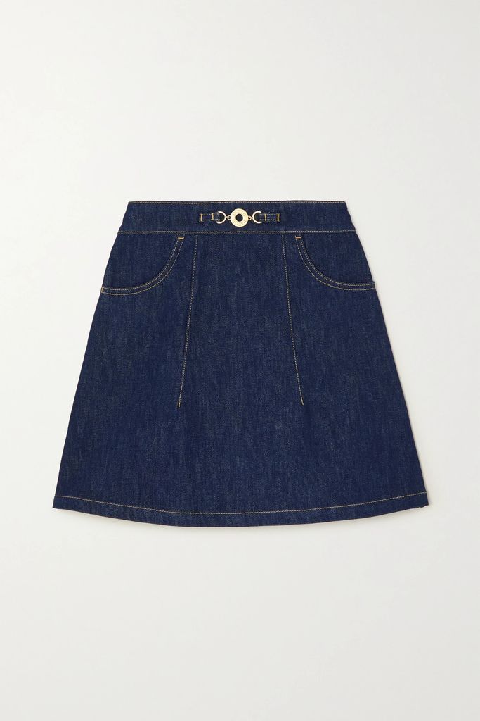 Embellished Topstitched Denim Mini Skirt - Blue