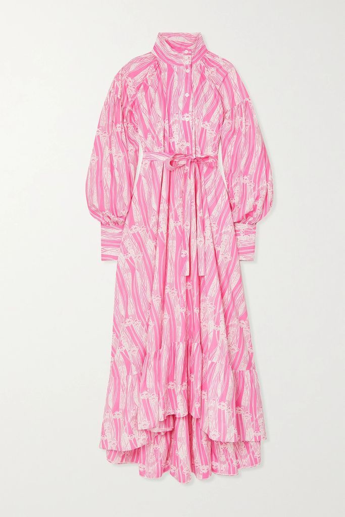 Belted Tiered Printed Cotton-poplin Maxi Dress - Bright pink