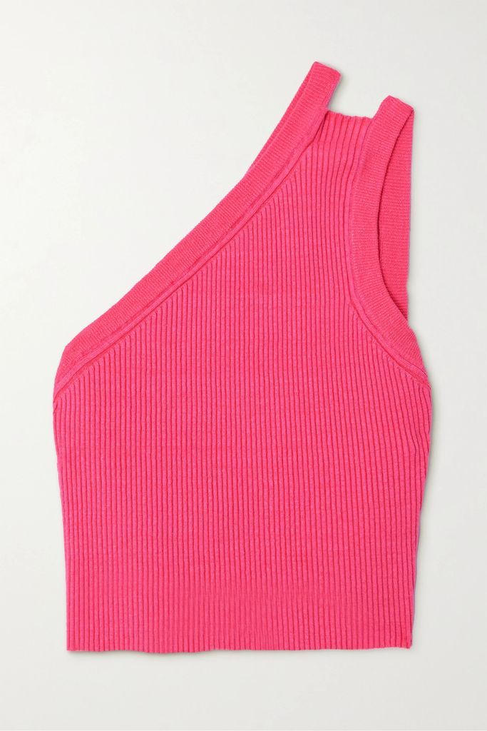 Ascu Cropped One-shoulder Ribbed Linen-blend Top - Pink