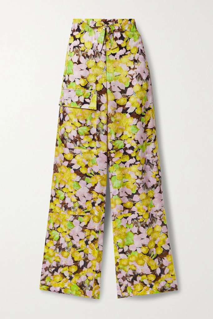 Floral-print Crepe De Chine Wide-leg Pants - Yellow