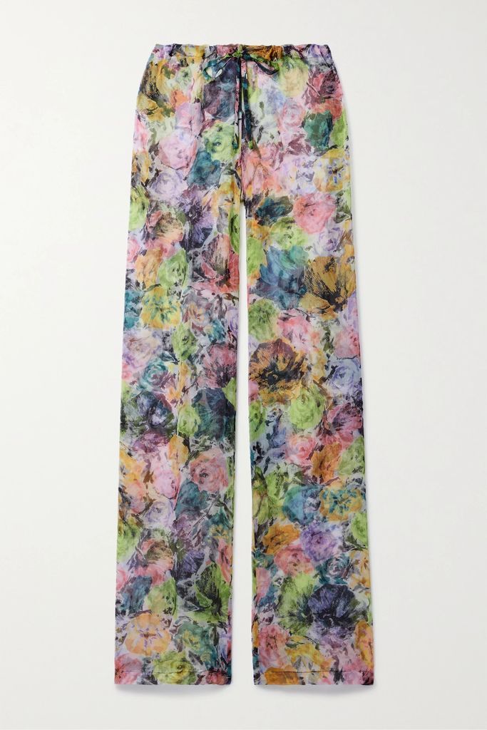 Floral-print Silk-crepon Straight-leg Pants - Light green