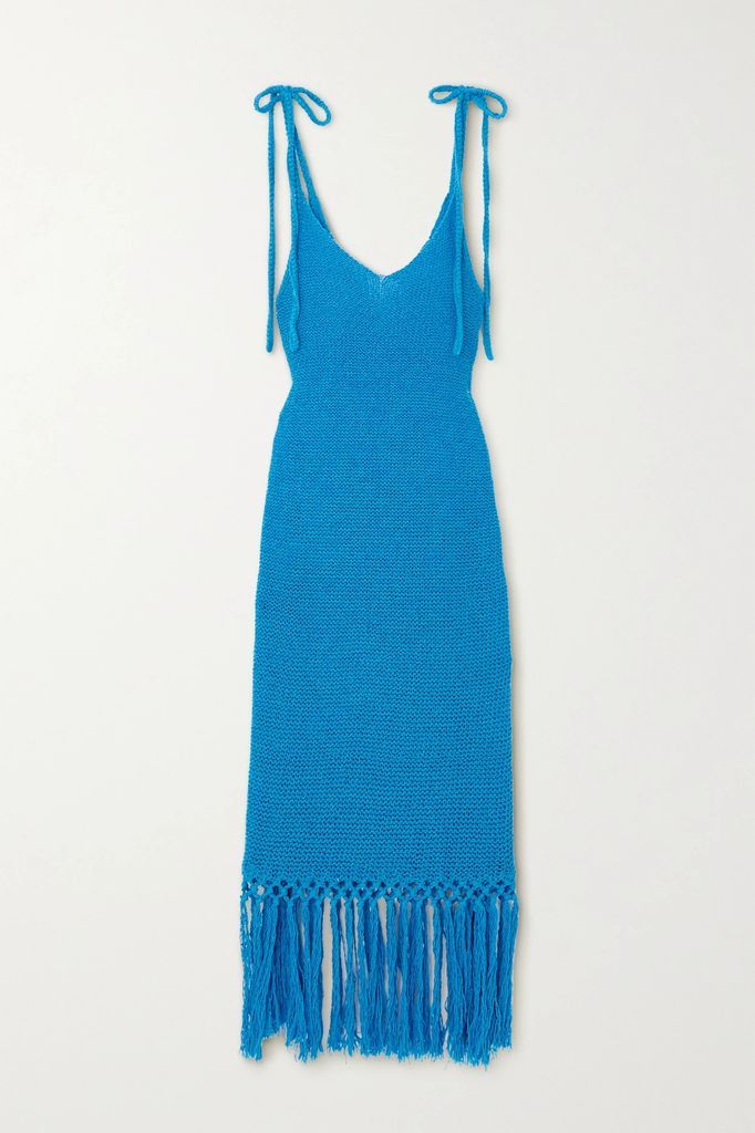 Sunset At The Beach Fringed Crocheted Cotton Midi Dress - Blue