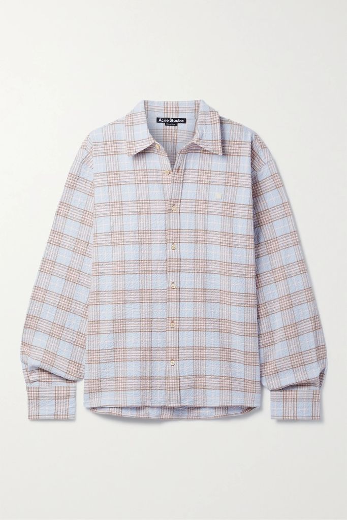 Checked Crinkled Cotton-blend Flannel Shirt - Light blue