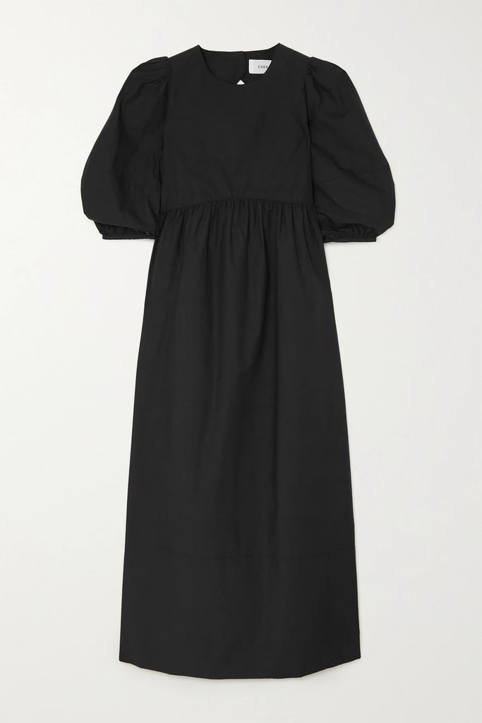 Cutout Gathered Cotton And Lyocell-blend Poplin Maxi Dress - Black