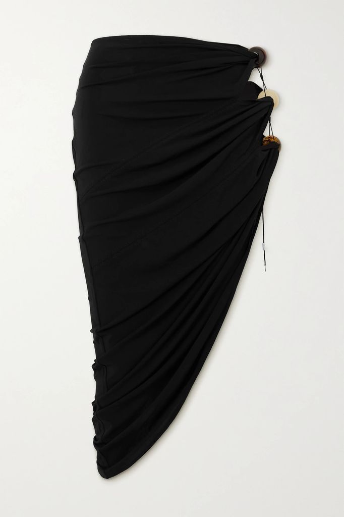 Asymmetric Embellished Cutout Stretch-jersey Midi Skirt - Black