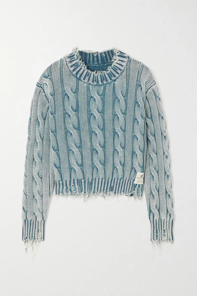 Distressed Cable-knit Cotton Sweater - Blue