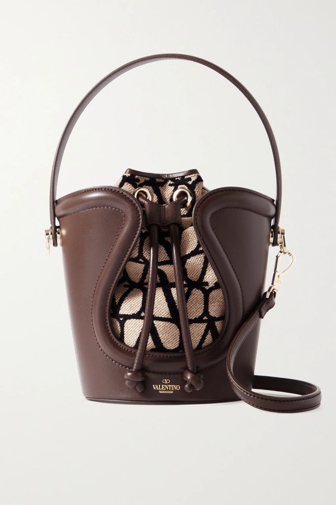 Valentino Garavani Sculpture Leather And Logo-jacquard Bucket Bag - Brown