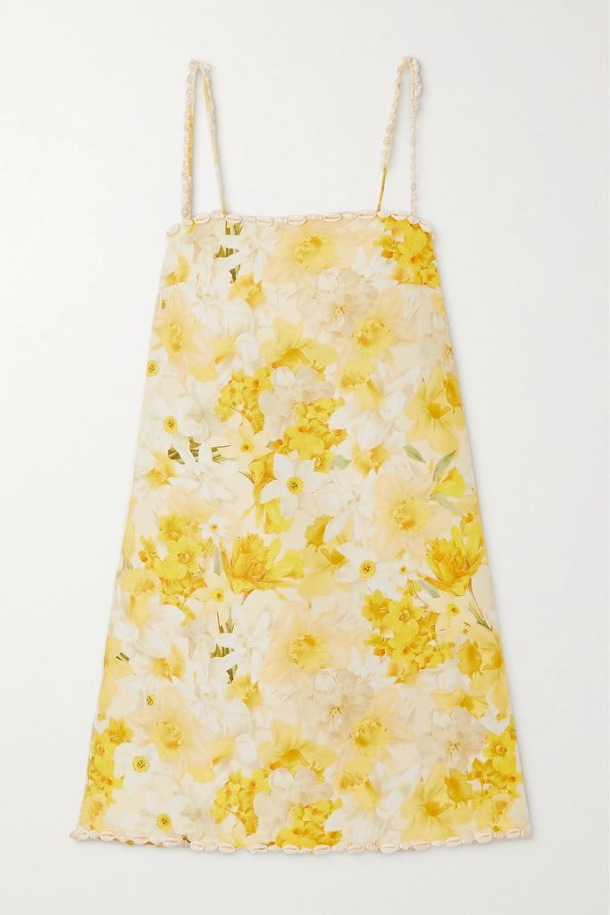 Wonderland Embellished Floral-print Linen Mini Dress - Yellow