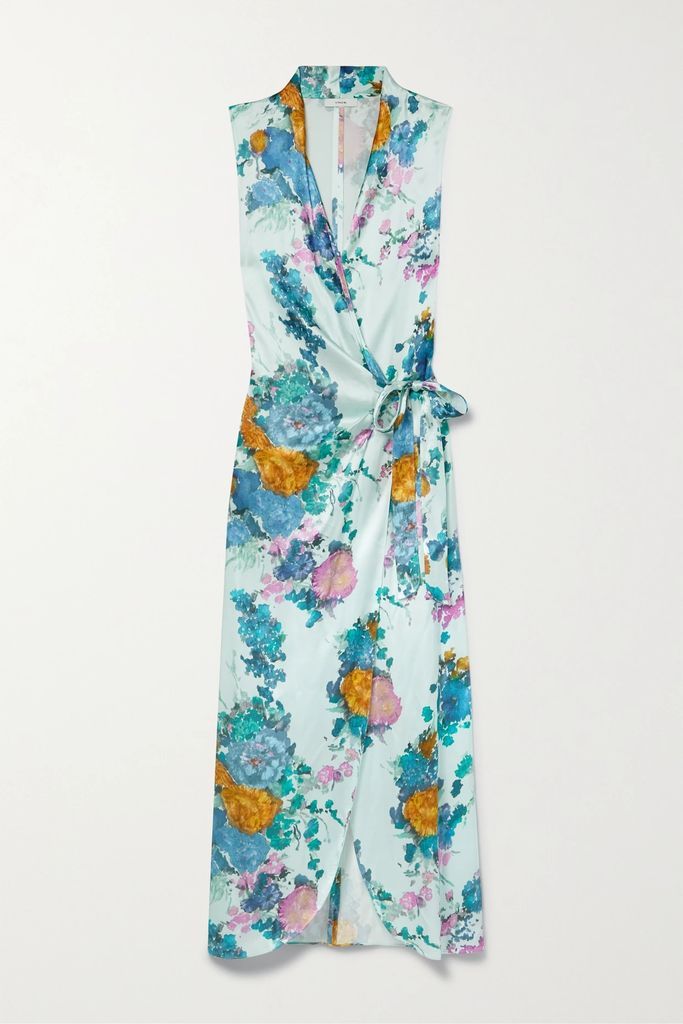 Floral-print Satin Maxi Wrap Dress - Blue
