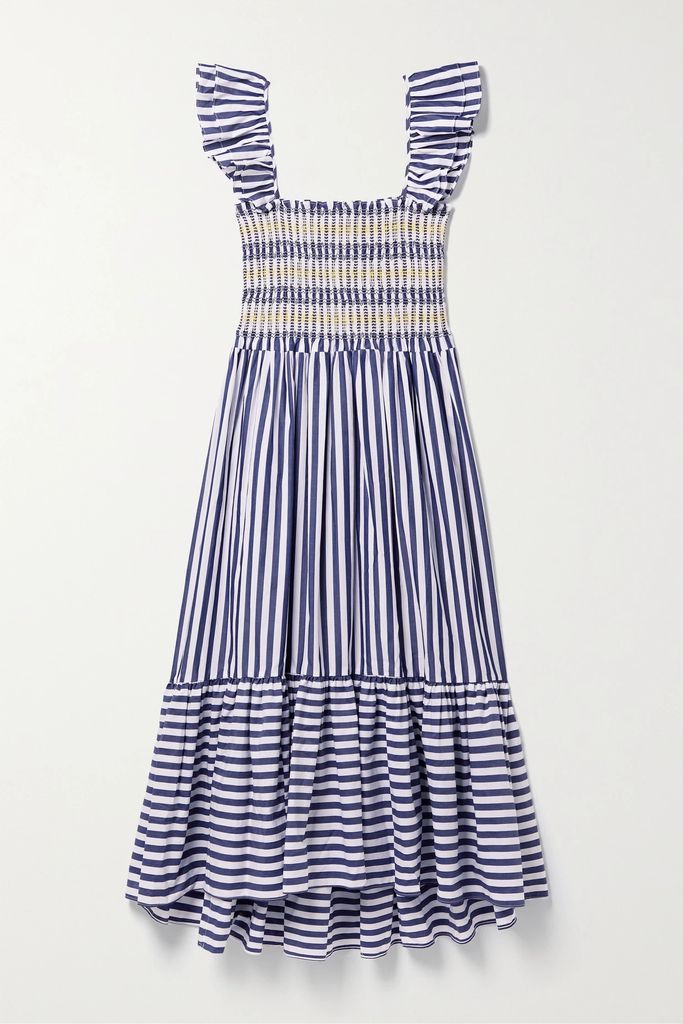 Ruby Shirred Striped Cotton-poplin Midi Dress - Navy