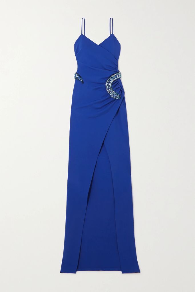 Embellished Gathered Wrap-effect Stretch-jersey Maxi Dress - Blue