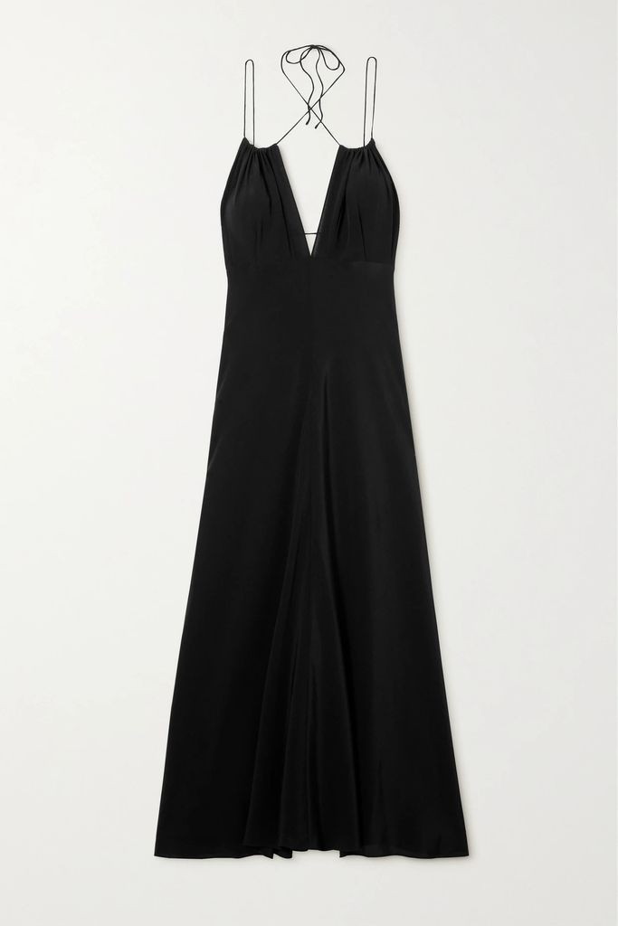 Gathered Silk Crepe De Chine Halterneck Maxi Dress - Black