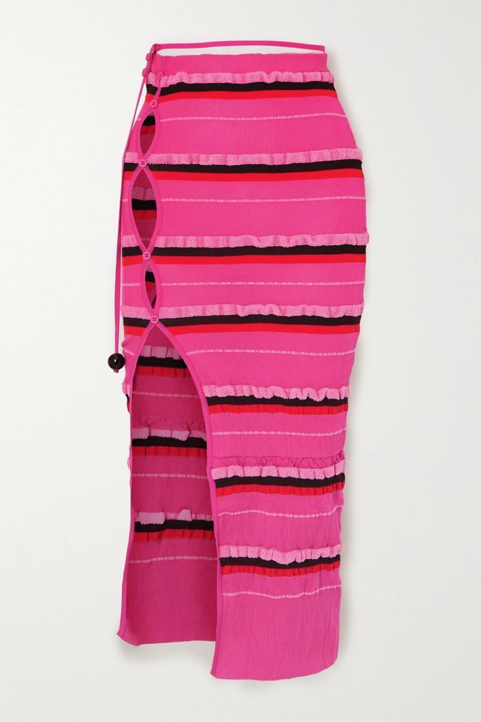 Concha Cutout Striped Ruched Seersucker Midi Skirt - Pink