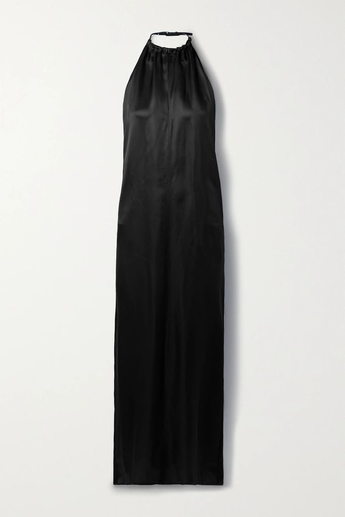 Gathered Leather-trimmed Satin Halterneck Maxi Dress - Black