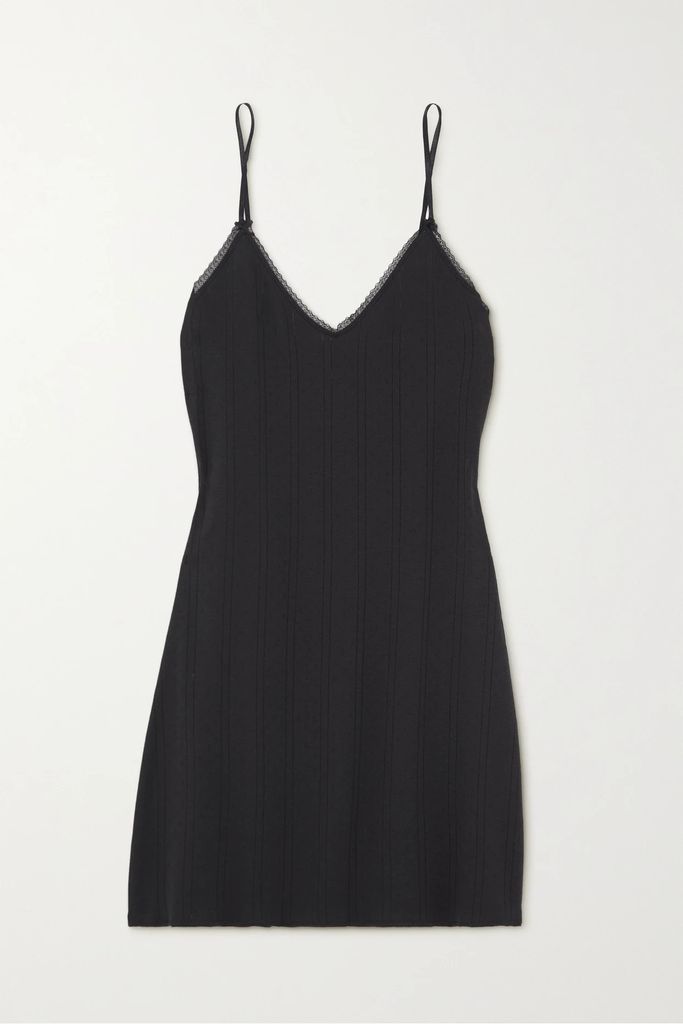 Lace-trimmed Pointelle-knit Organic Cotton Slip Dress - Black