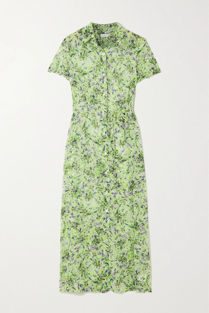 Floral-print Silk-voile Midi Shirt Dress - Light green