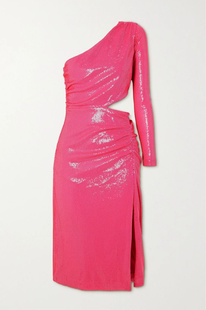Christie One-shoulder Ruched Cutout Sequined Jersey Dress - Pink