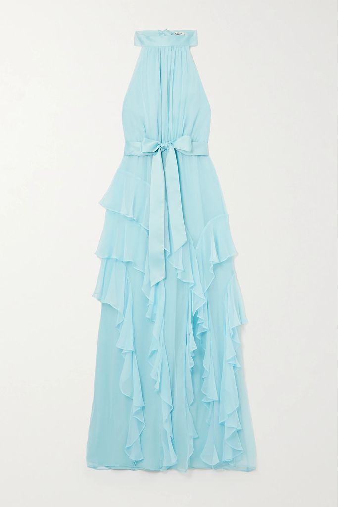 Emelia Pleated Silk Halterneck Maxi Dress - Light blue