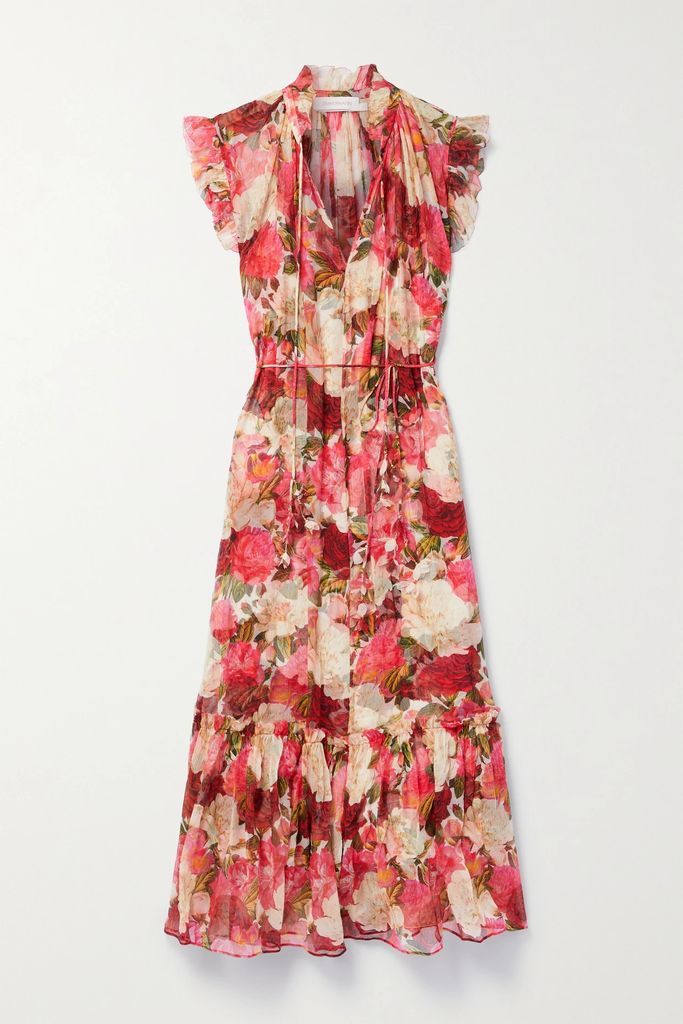 Wonderland Belted Floral-print Silk-crepon Midi Dress - Red