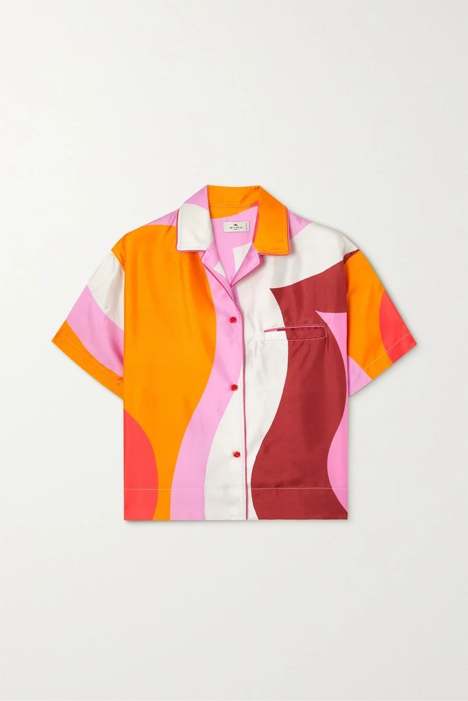Cropped Printed Silk-satin Shirt - Orange