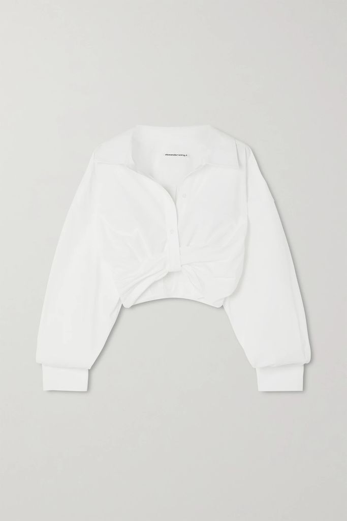 Cropped Twist-front Cotton-poplin Shirt - White