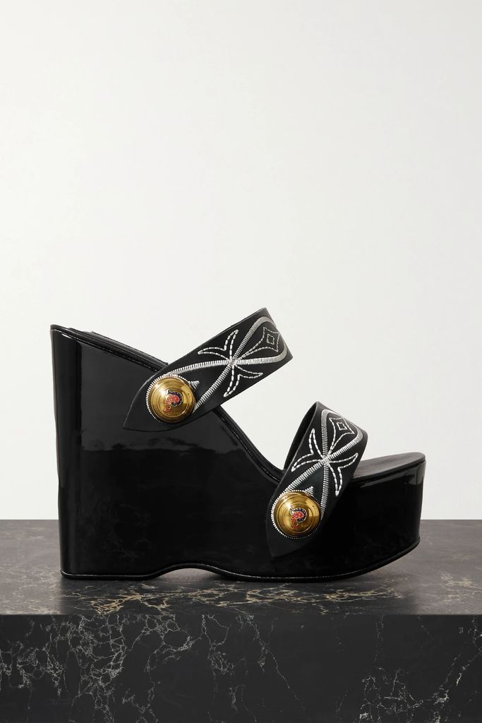 Embellished Embroidered Leather Wedge Sandals - Black