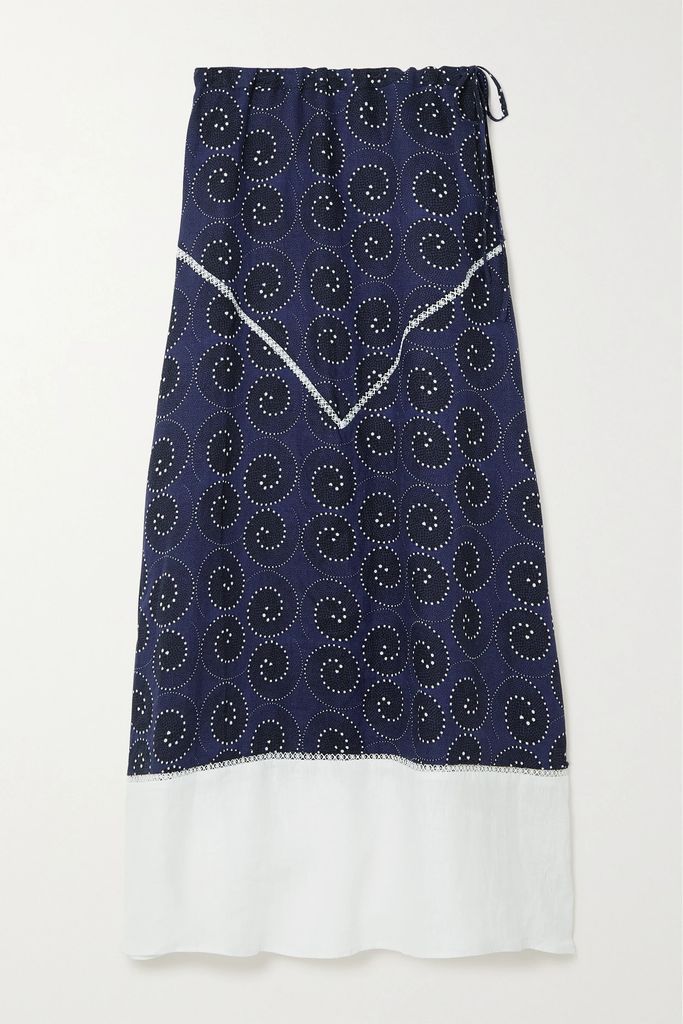 Kathleen Lace-trimmed Cotton And Printed Linen Maxi Skirt - Navy