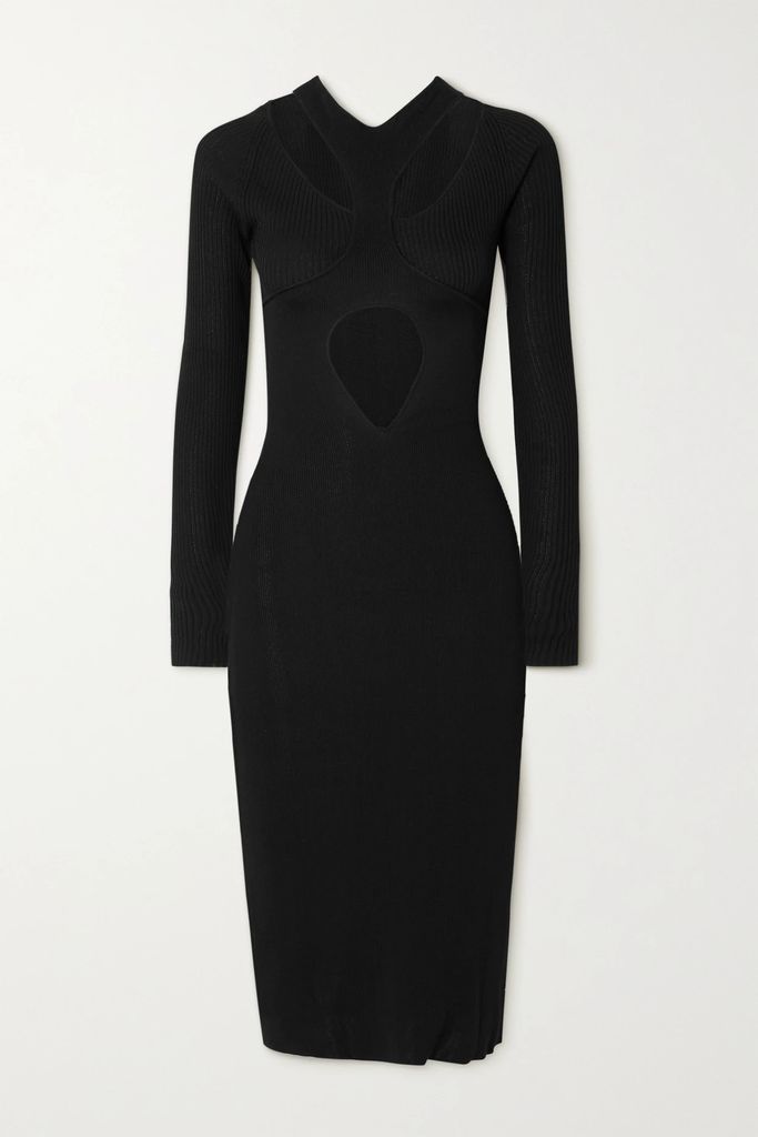 Cutout Layered Ribbed Stretch-knit Midi Dress - Black